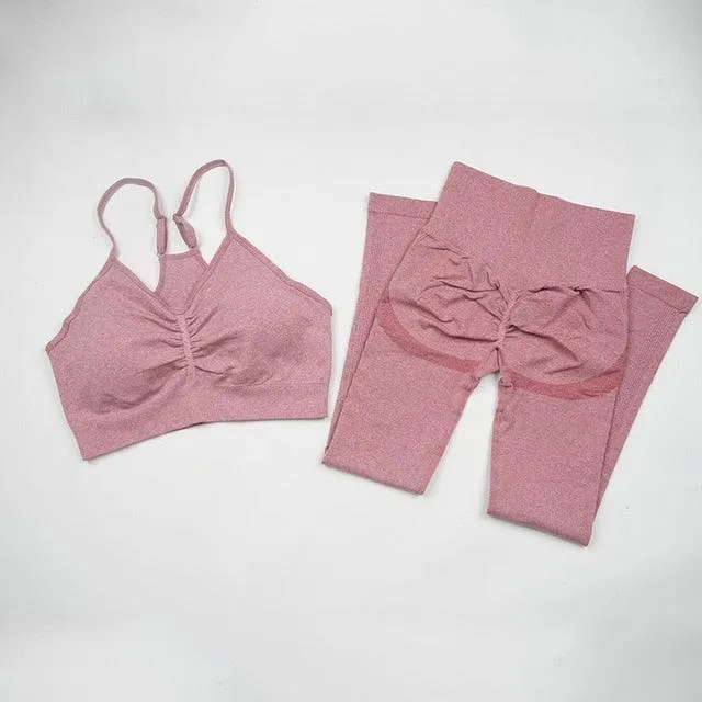 Seamless  Women Long Sleeve Crop Top High Waist Leggings  Bra Yoga Sets