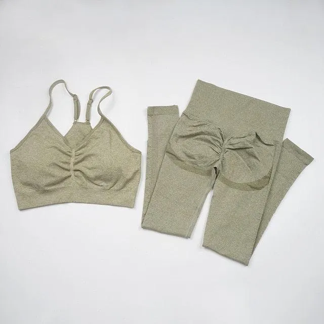 Seamless  Women Long Sleeve Crop Top High Waist Leggings  Bra Yoga Sets