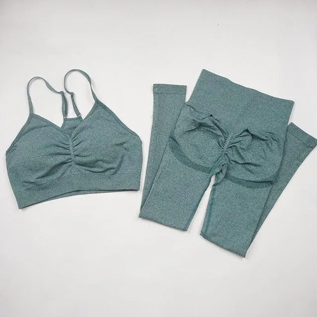Seamless  Women Long Sleeve Crop Top High Waist Leggings  Bra Yoga Sets