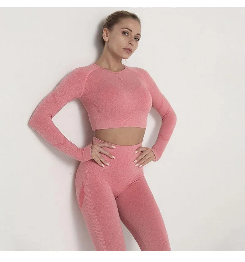 Seamless  Women Long Sleeve Crop Top High Waist Leggings  Bra Yoga Sets