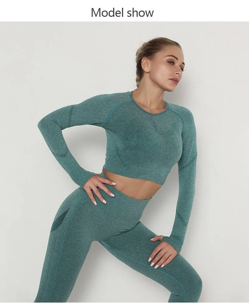 Seamless  Women Long Sleeve Crop Top High Waist Leggings  Bra Yoga Sets