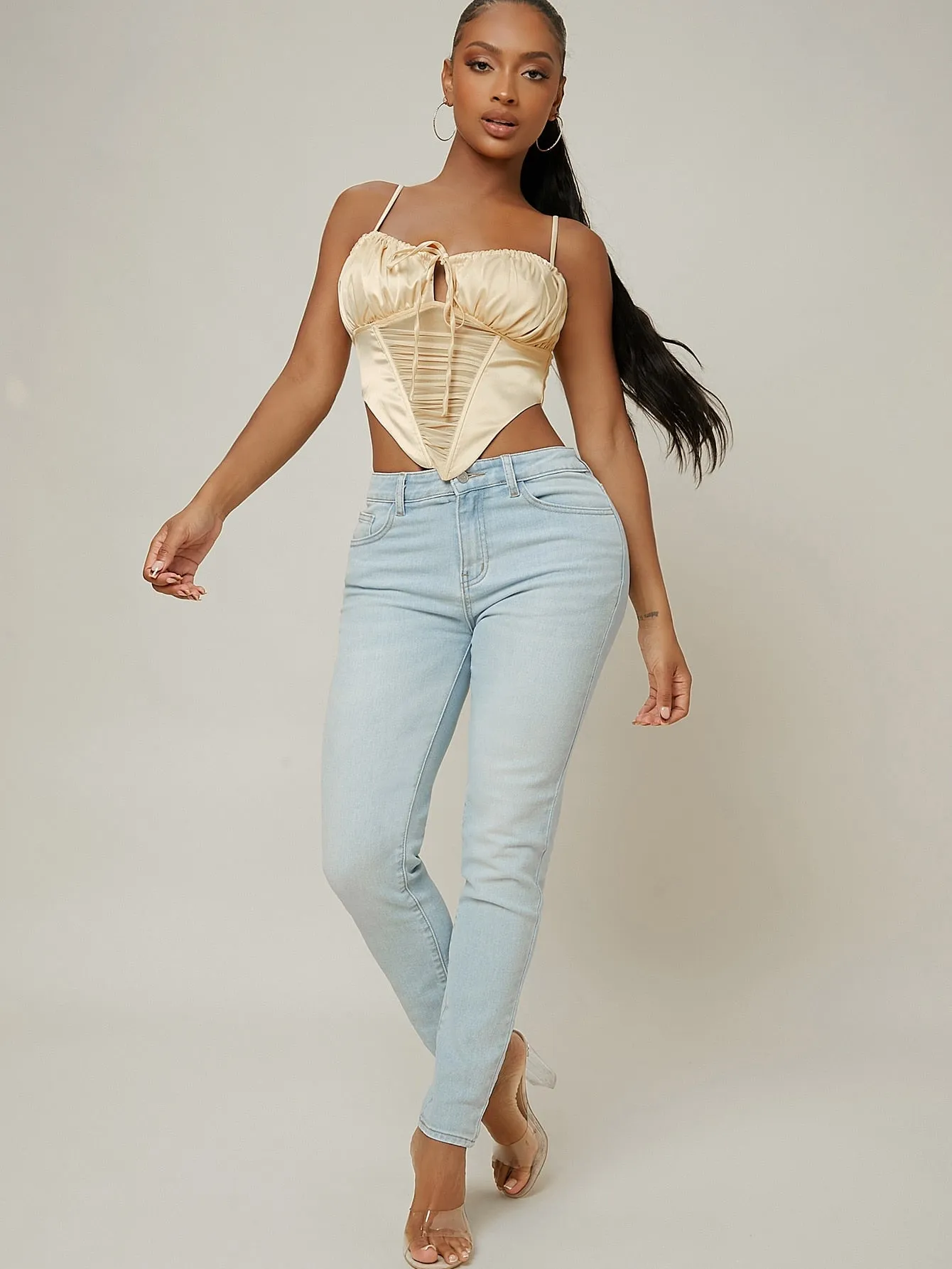 Sexy Plain Ruched Bust Spaghetti Strap Asymmetrical Crop Women Tank Top & Cami