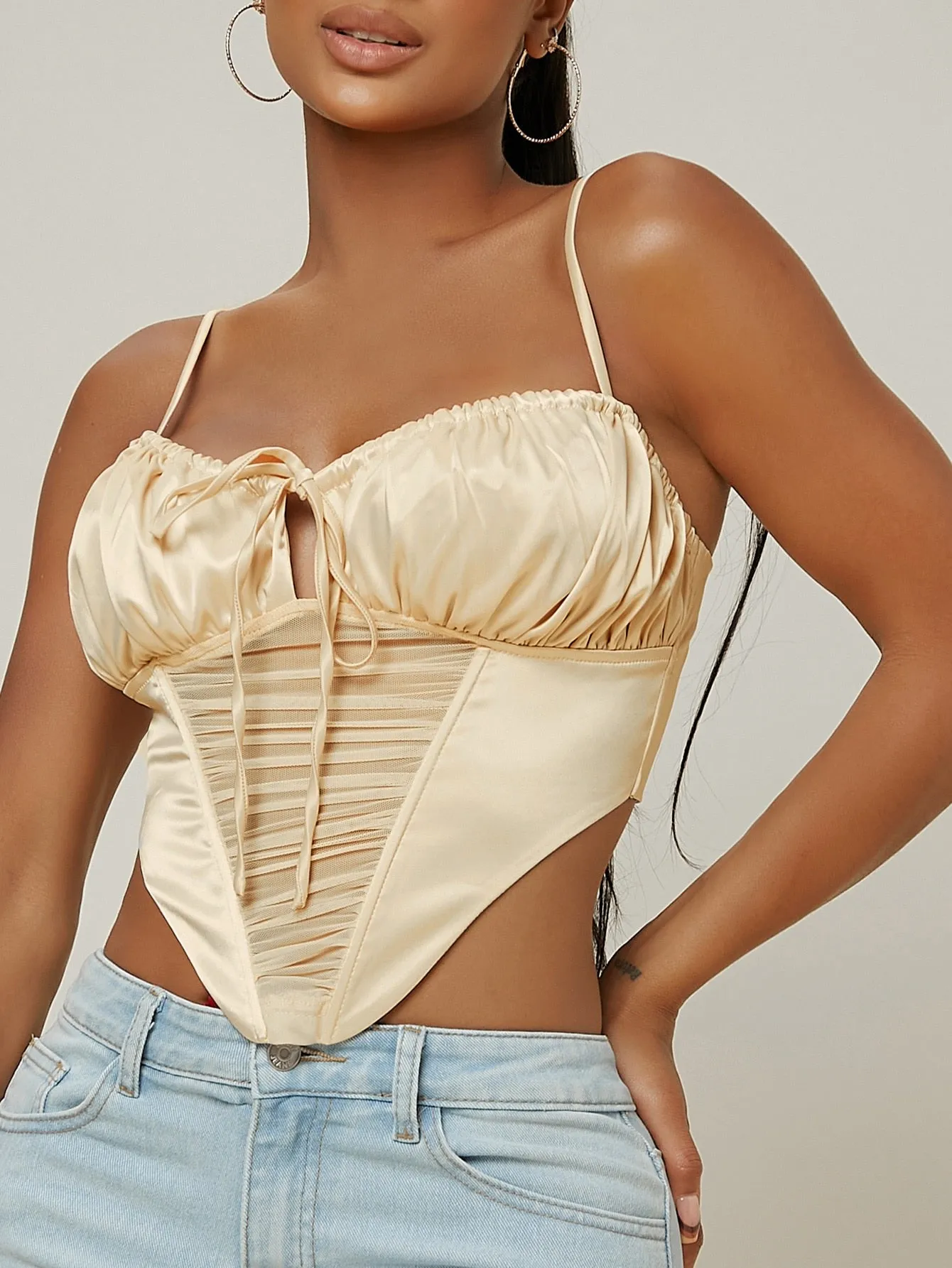 Sexy Plain Ruched Bust Spaghetti Strap Asymmetrical Crop Women Tank Top & Cami