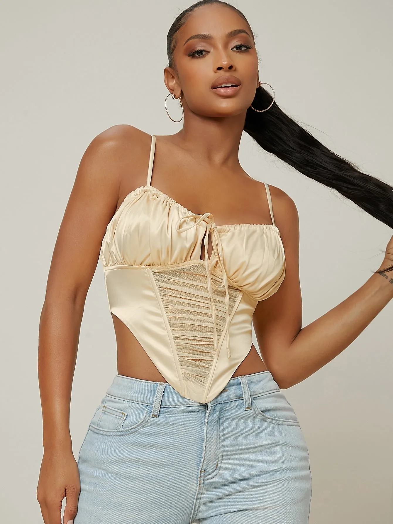 Sexy Plain Ruched Bust Spaghetti Strap Asymmetrical Crop Women Tank Top & Cami