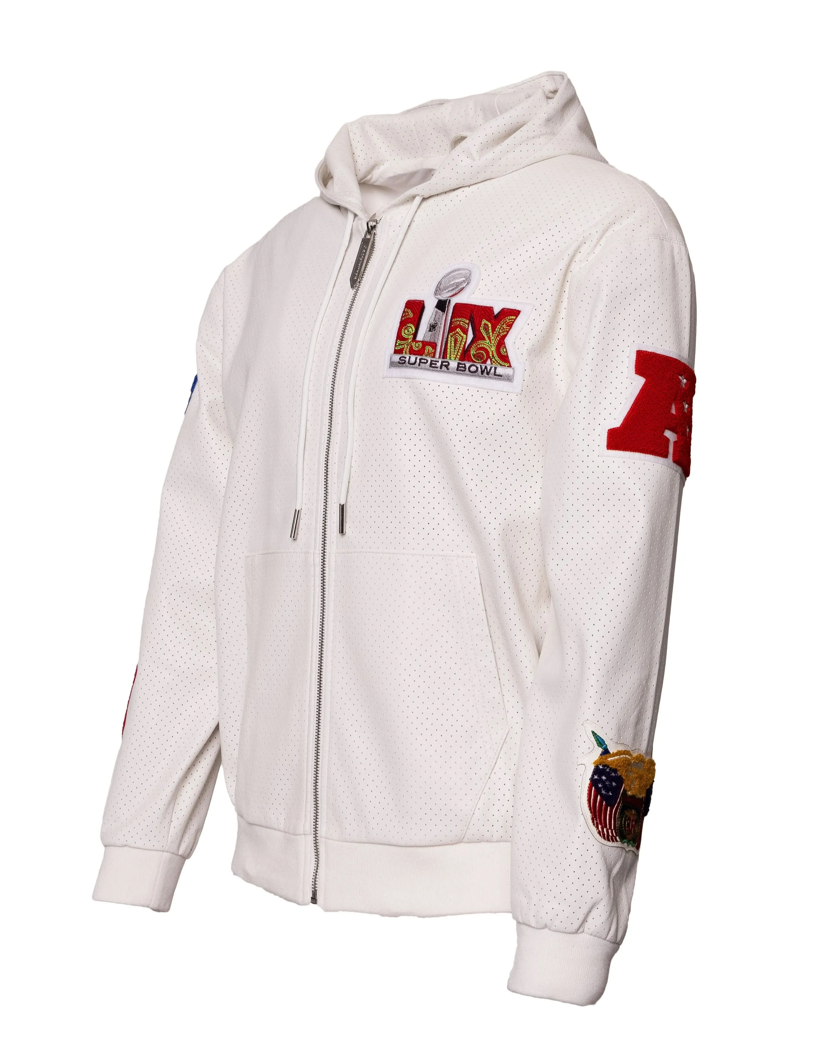 SUPER BOWL 2025 VEGAN LEATHER ZIP-UP HOODED JACKET White