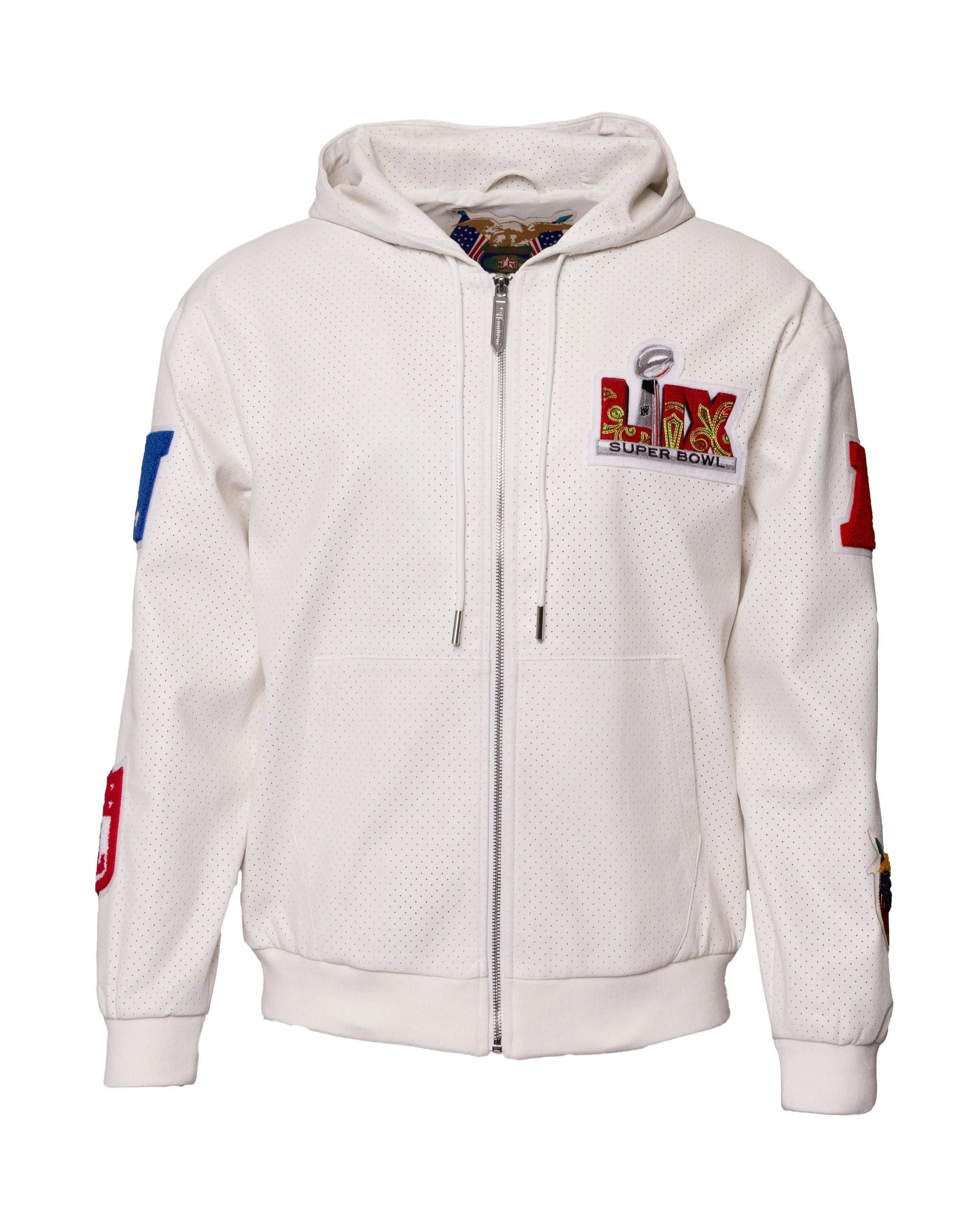 SUPER BOWL 2025 VEGAN LEATHER ZIP-UP HOODED JACKET White