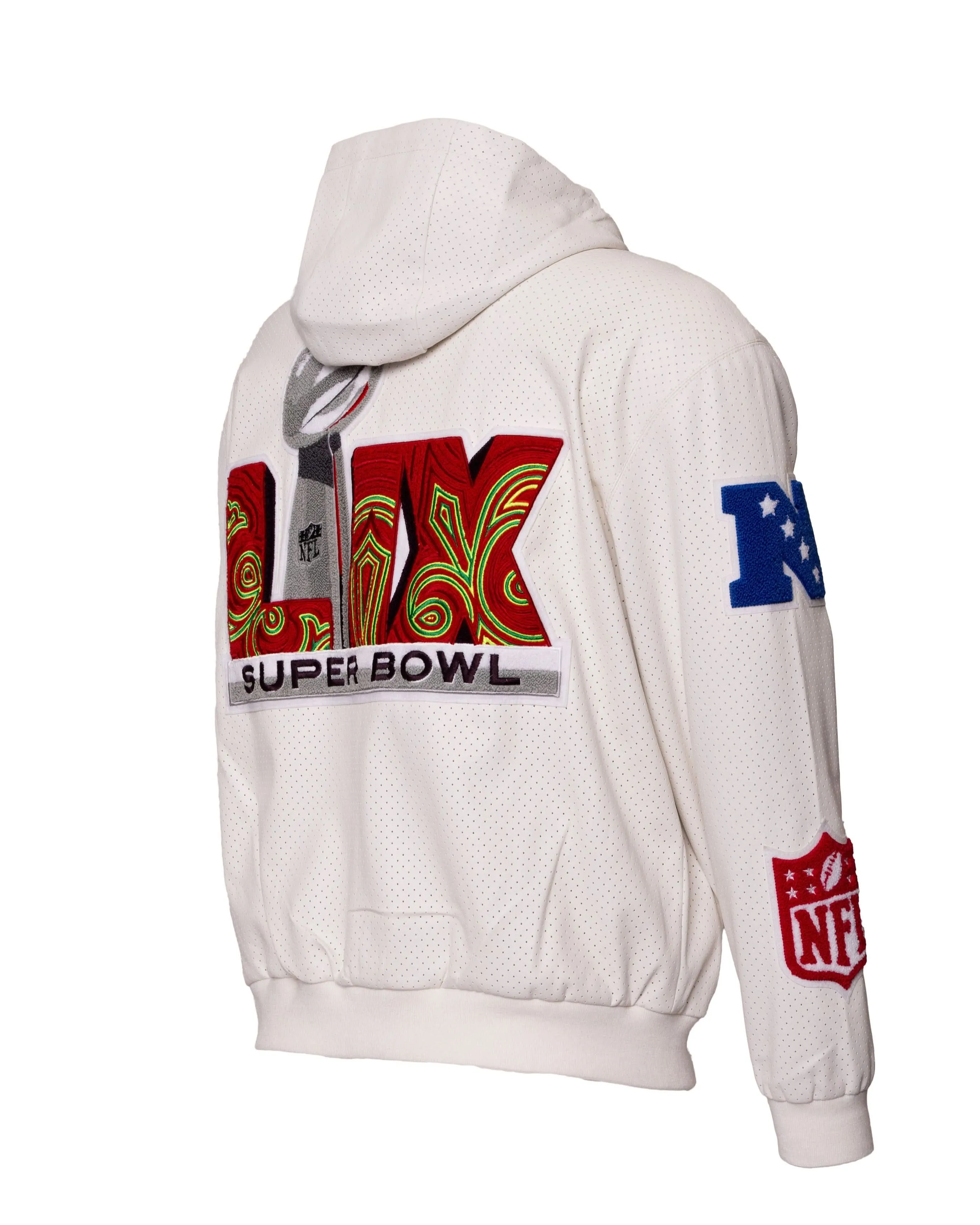 SUPER BOWL 2025 VEGAN LEATHER ZIP-UP HOODED JACKET White